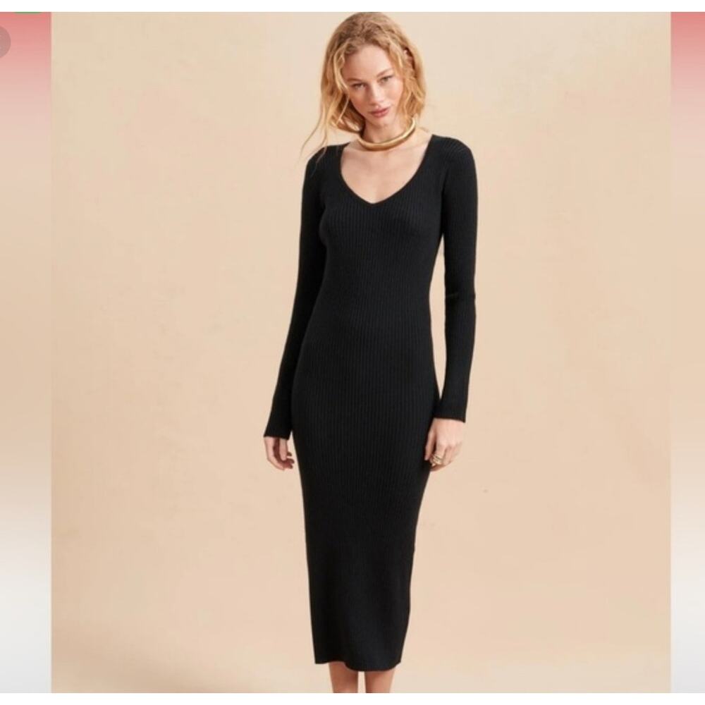 La Ligne Cashmere Ribbed Maxi Dress Black V Neck Long Sleeve M‎
